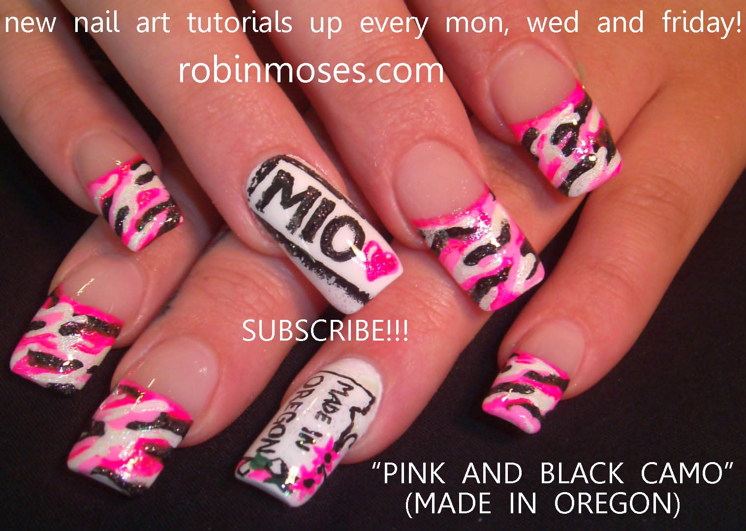 Nail Art by Robin Moses "pink and black nails" "pink and black nail