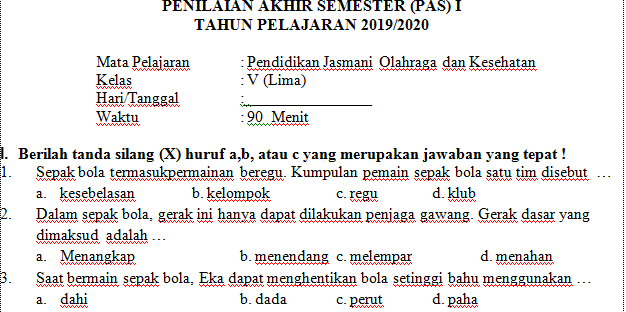 Soal Uas Pjok Kelas 2 Sd Semester 1