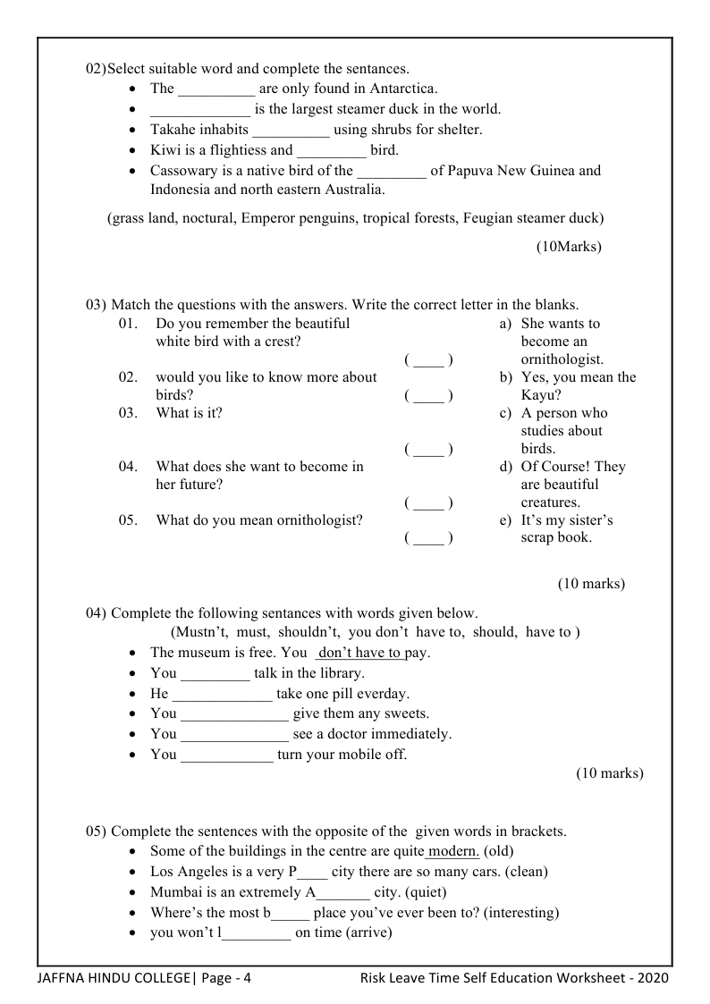 Grade 8_English_2020_COVID 19 Task Work Sheet_J/Jaffna Hindu College