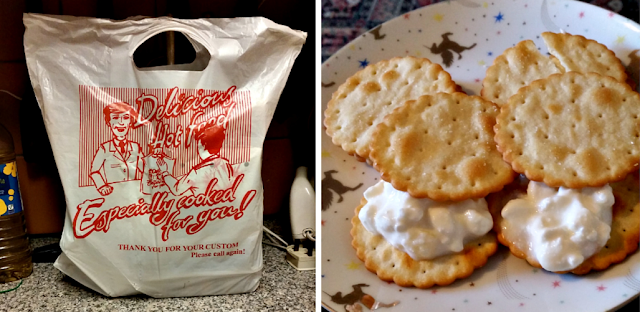 A Chinese takeaway in a plastic bag and cottage cheese on crackers