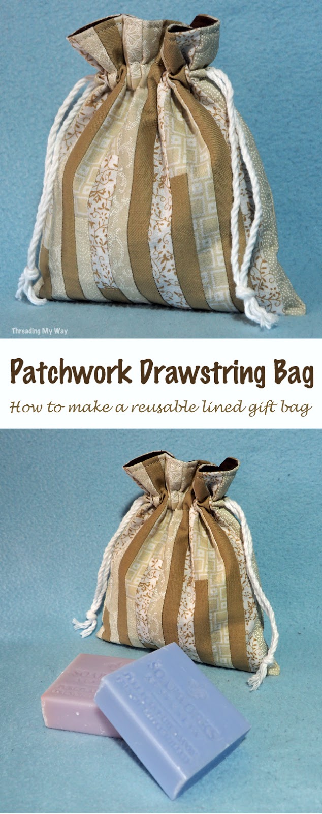 Learn how to make a small, reusable, lined drawstring gift bag. Tutorial by Threading My Way