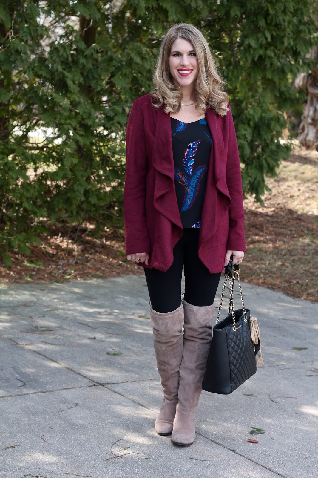 Burgundy Jacket and Feather Print Cami