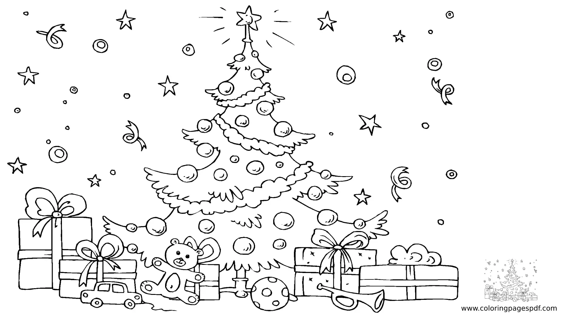 Coloring Page Of A Christmas Tree Surrounded By Presents