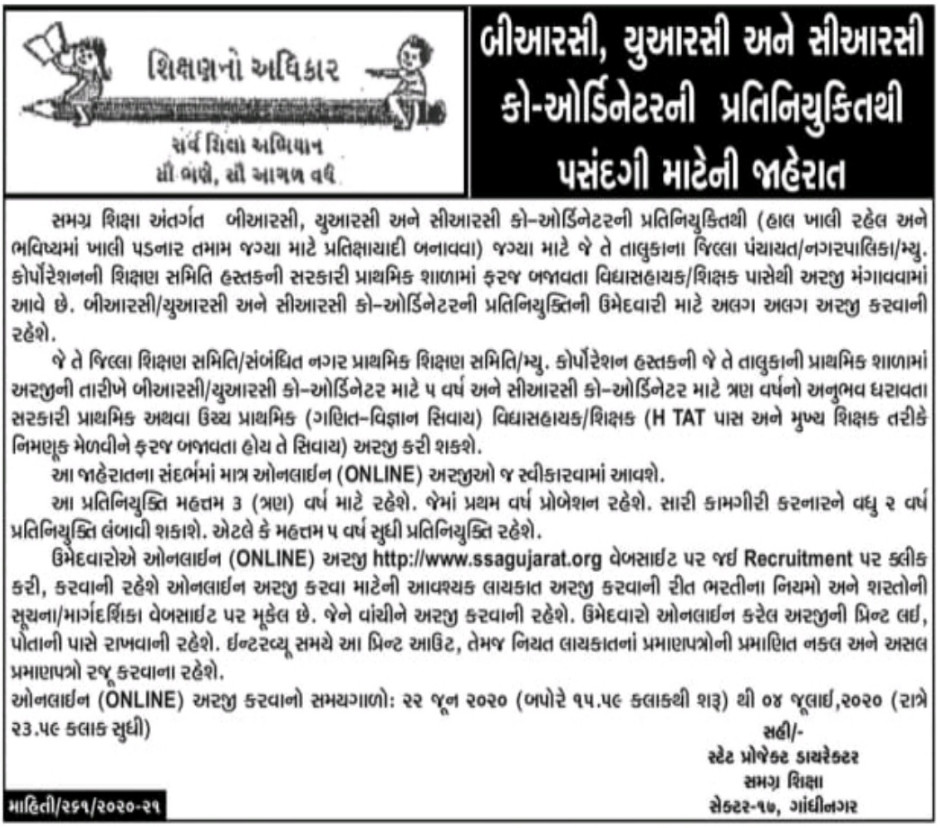 SSA Gujarat Recruitment 2020 for BRC, URC & CRC Co-ordinator Posts 