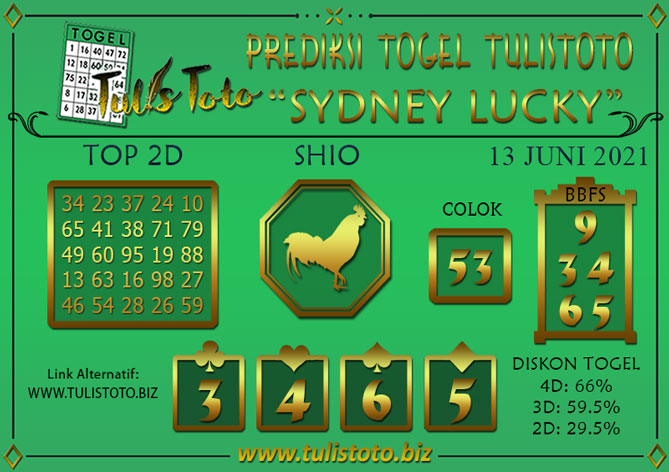 Prediksi Togel SYDNEY LUCKY TODAY TULISTOTO 13 JUNI 2021