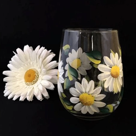 Hand Painted White Flower Wine Glass