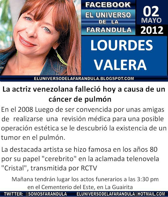 La actriz Venezolana Lourdes Valera falleció hoy a causa de un cáncer
