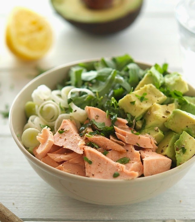 Salmon, Avocado and Arugula Salad with Lemon-Parsley Dressing