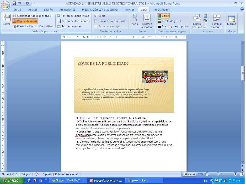 COMPUTACIÓN E INFORMÁTICA AVANZADA: POWER POINT (PANEL DE NOTAS)