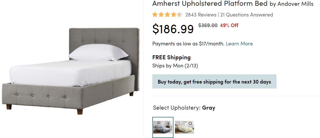 Grey colored Upholstered bed