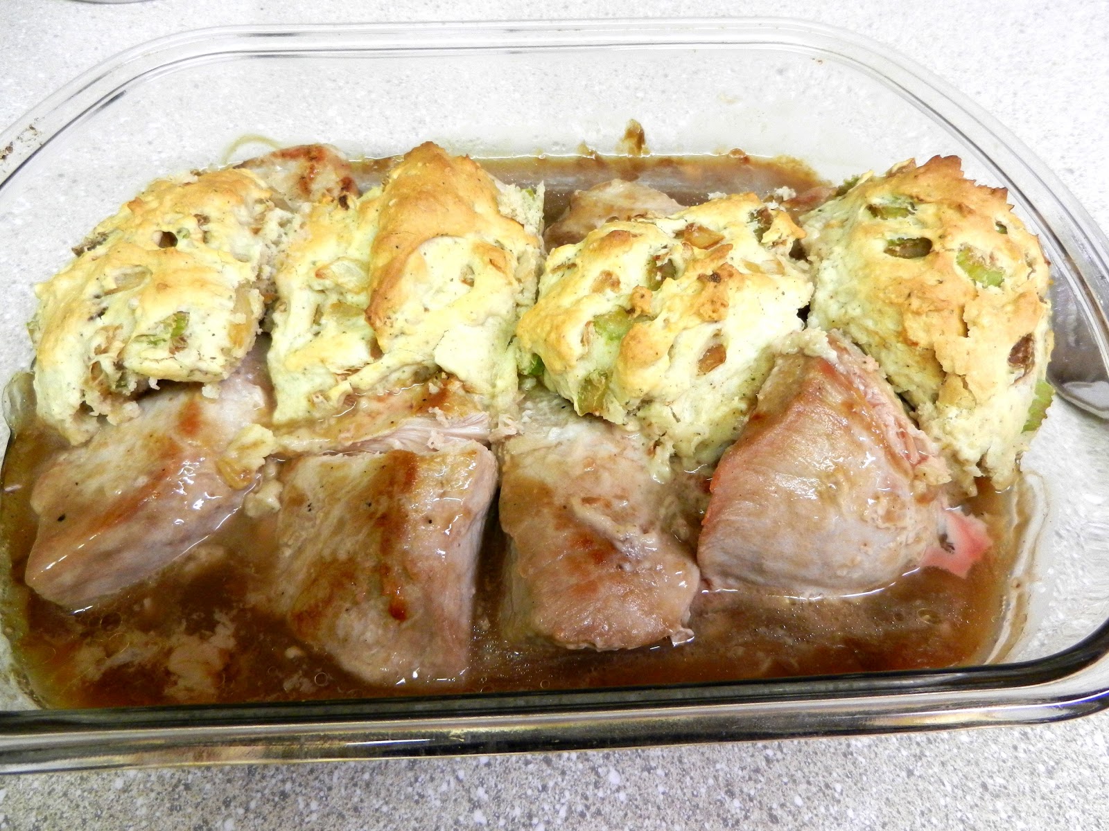 Feasts and Fiction Gravy Pork Chops with Stuffing Biscuits