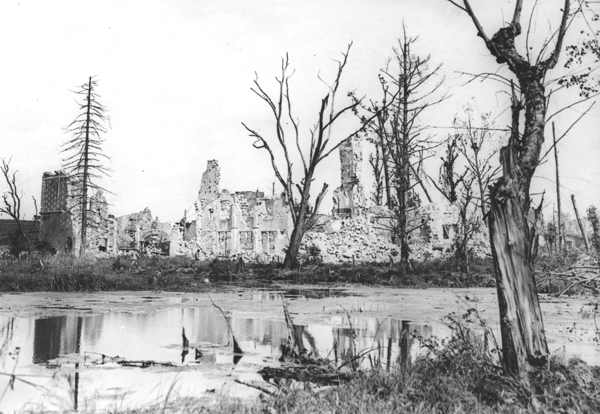 Original caption: Wrecked French chateau. Chateau destroyed by German shell fire, Dives, Oise, France.