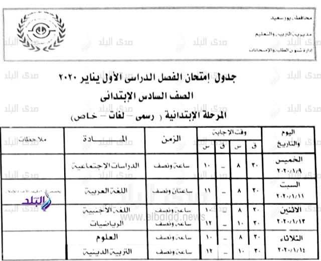 جداول امتحانات الترم الأول 2020 لجميع المحافظات.. ابتدائي - اعدادي - ثانوي 6