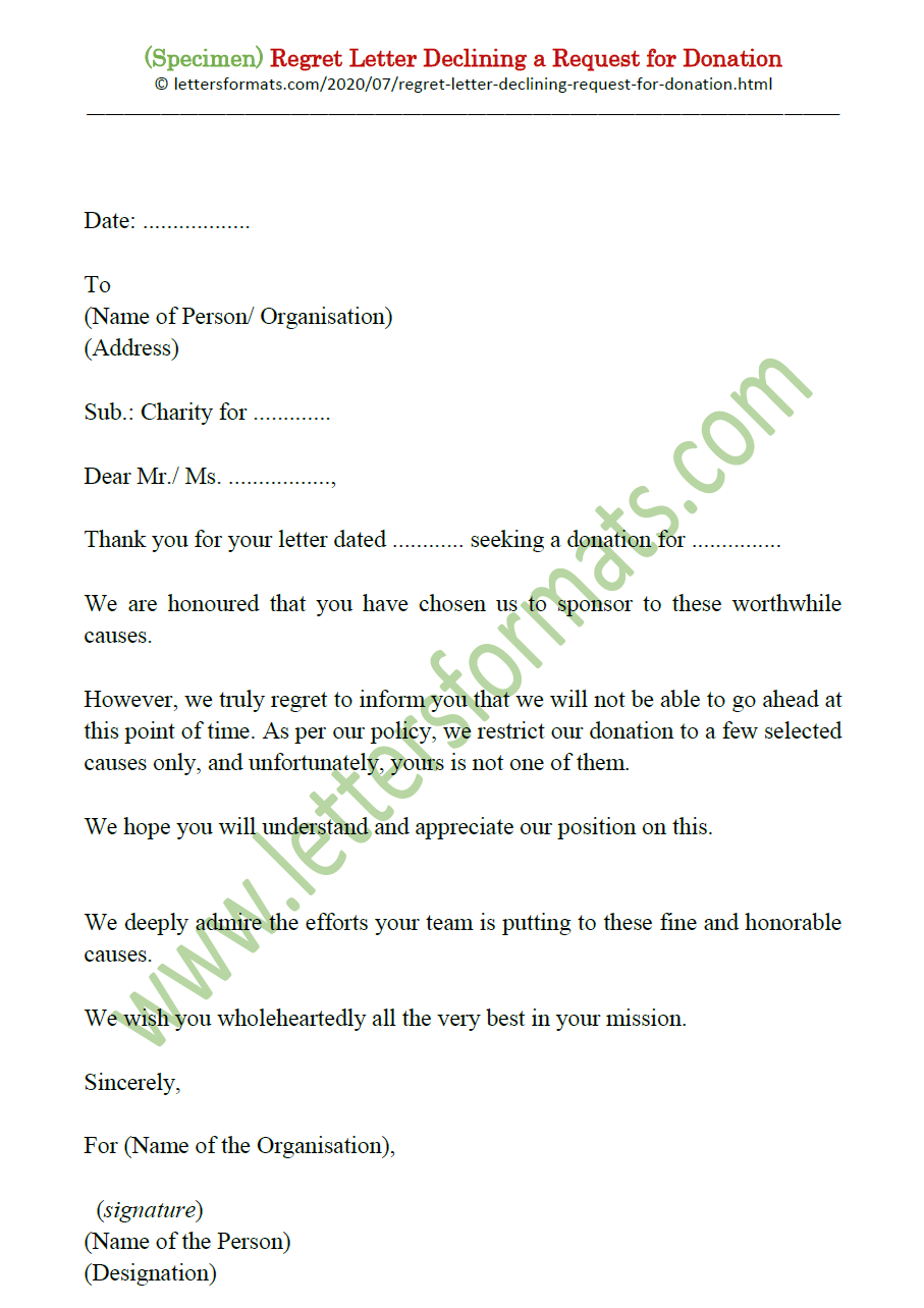 Sample Regret Refusal Letter Declining a Request for Donation