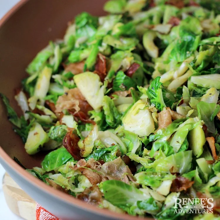 Sauteed Brussels Sprouts with Bacon by Renee's Kitchen Adventures in pan and ready to serve