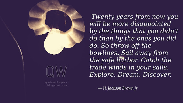 Twenty years from now you will be more disappointed by the things that you didn't do than by the ones you did do. So throw off the bowlines. Sail away from the safe harbor. Catch the trade winds in your sails. Explore. Dream. Discover.