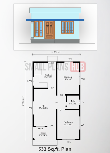 533 sq.ft.Two bedrooms low budget Plan and elevation