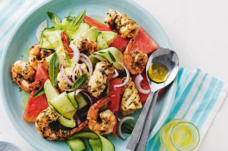Barbecued Seafood & Watermelon Salad A salad with shrimp, seafood, watermelon and cucumber - the Barbecued Seafood & Watermelon Salad.