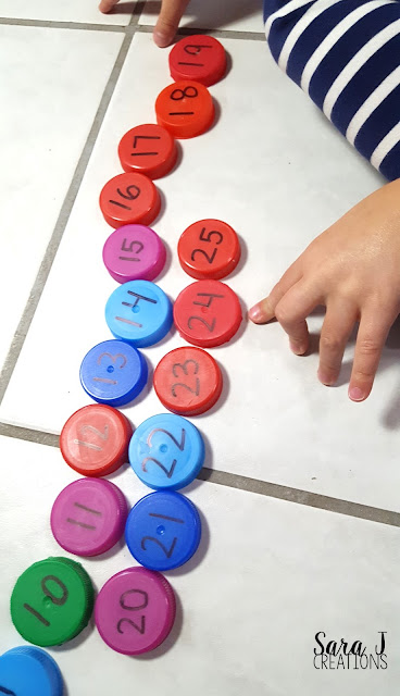 Missing number games using milk bottle caps for practicing numbers 1-20 and 1-30.  Love this for preschool or kindergarten.