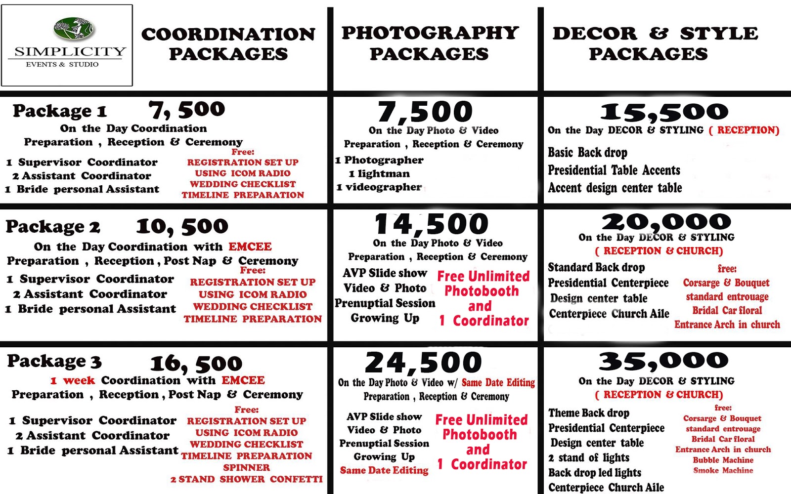 Simplicity Events Studio Wedding Packages Ideas