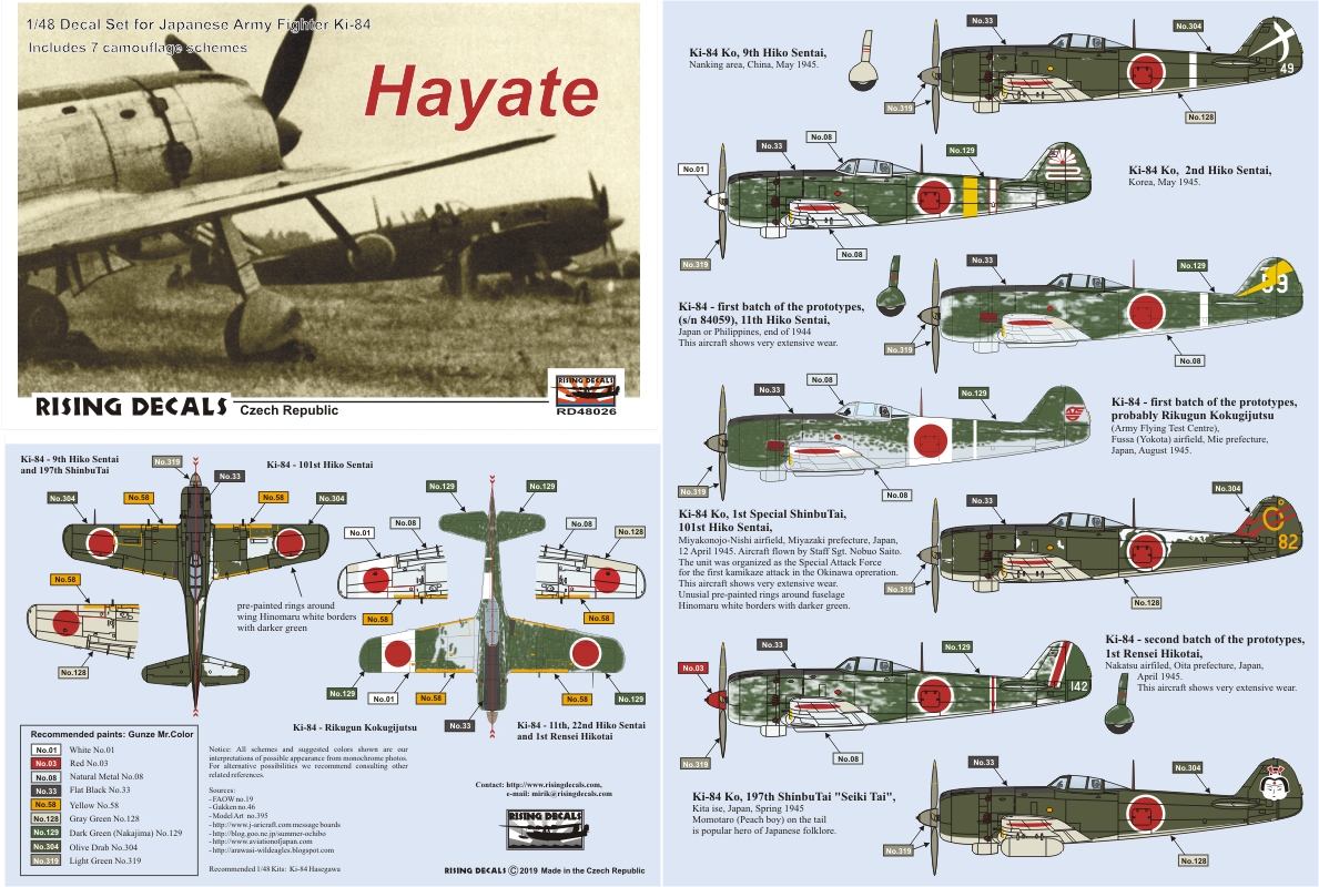 6 Rising Decals 72085 1/72 Hayate Japanese Army Fighter Ki-84 