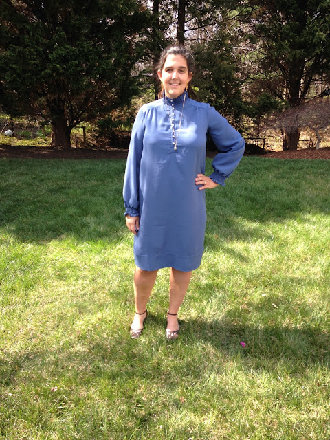 A blue crepe dress with high button-up nick and bishop sleeves using the Simplicity 8166 sewing pattern.