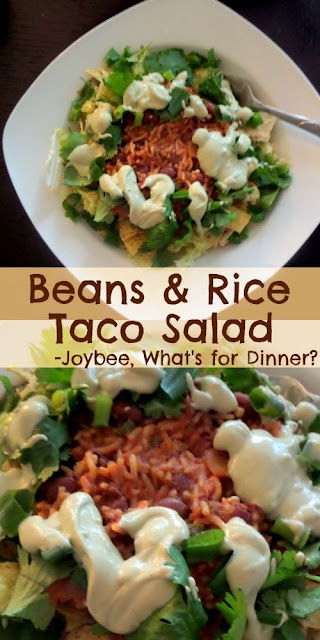 Bean and Rice Taco Salad:  A vegetarian meal of tortilla chips and lettuce, topped with spicy rice and beans, and finished with avocado sour cream and cilantro.