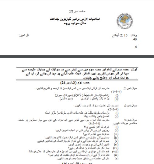 FBISE Class 11 Islamyat Model Paper with pattern & scheme of studies