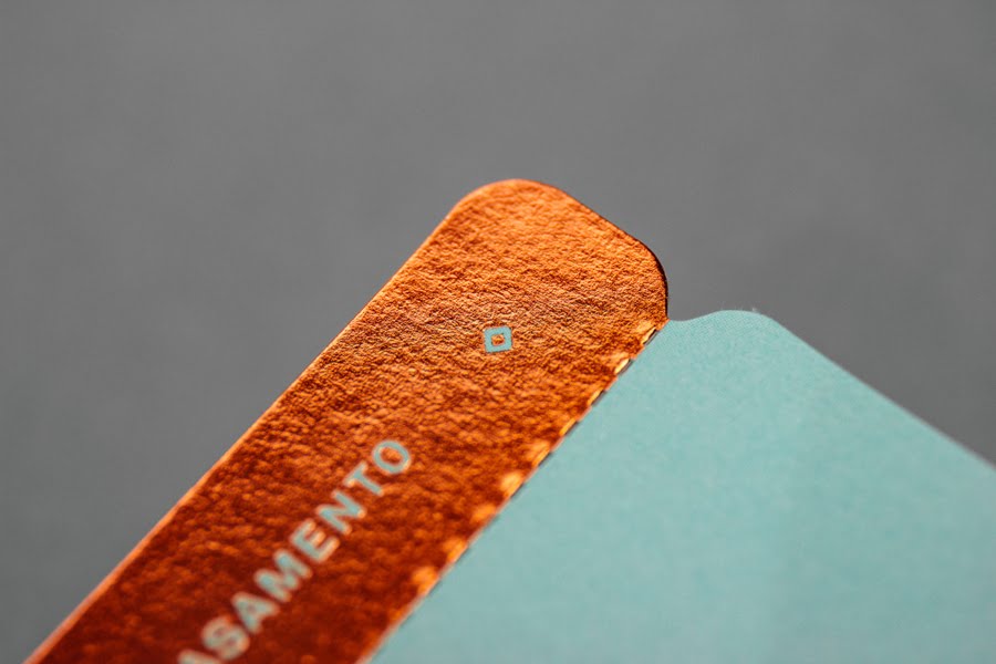 Travel ticket-like wedding invitation by Gen Design Studio. wedding-invitaiton-travel-ticket-turquoise-copper-foil-stamp-Gen-Design-Studio