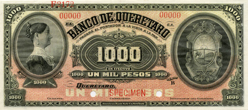 Mexico Banknotes 1000 Pesos Bank Note 1903 Banco De Queretaro World mexico-banknotes-1000-pesos-bank-note-1903-banco-de-queretaro-world