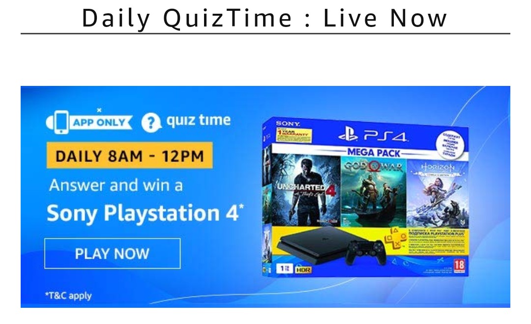 Amazon Today Quiz Answers 6th December 2019 Today Prize Sony Playstation 4 Win rs 10,000 by answering all 5 questions of today's amazon quiz. free recharge trick rockztricks