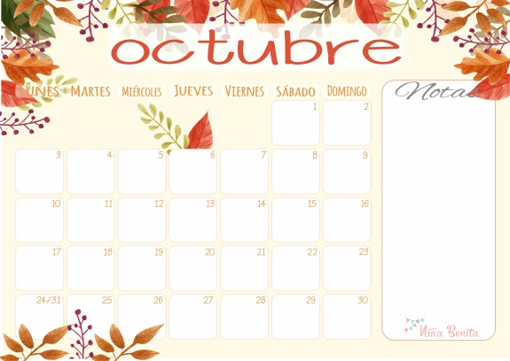 Niña Bonita: Imprimible: Calendario Octubre de 2016