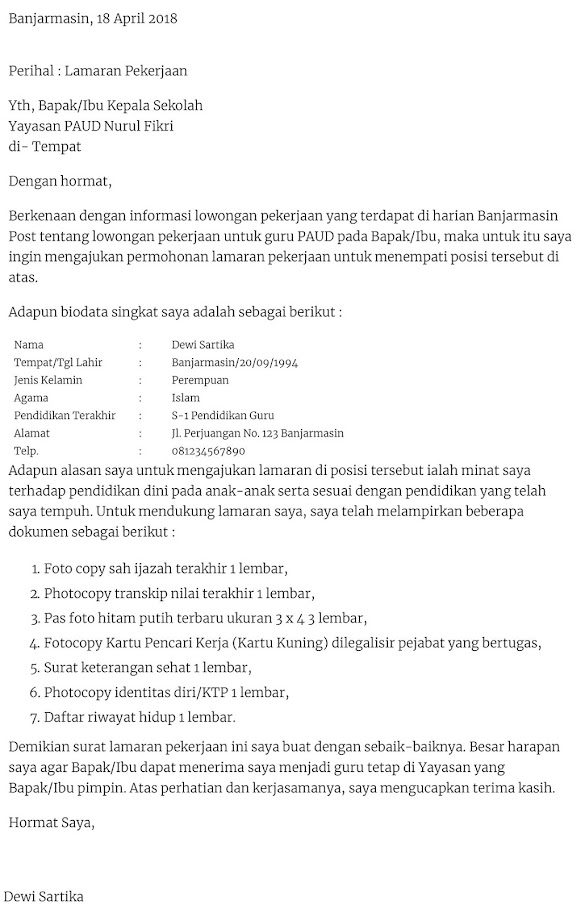 Surat Lamaran Pekerjaan Guru Contoh Surat Lamaran Kerja