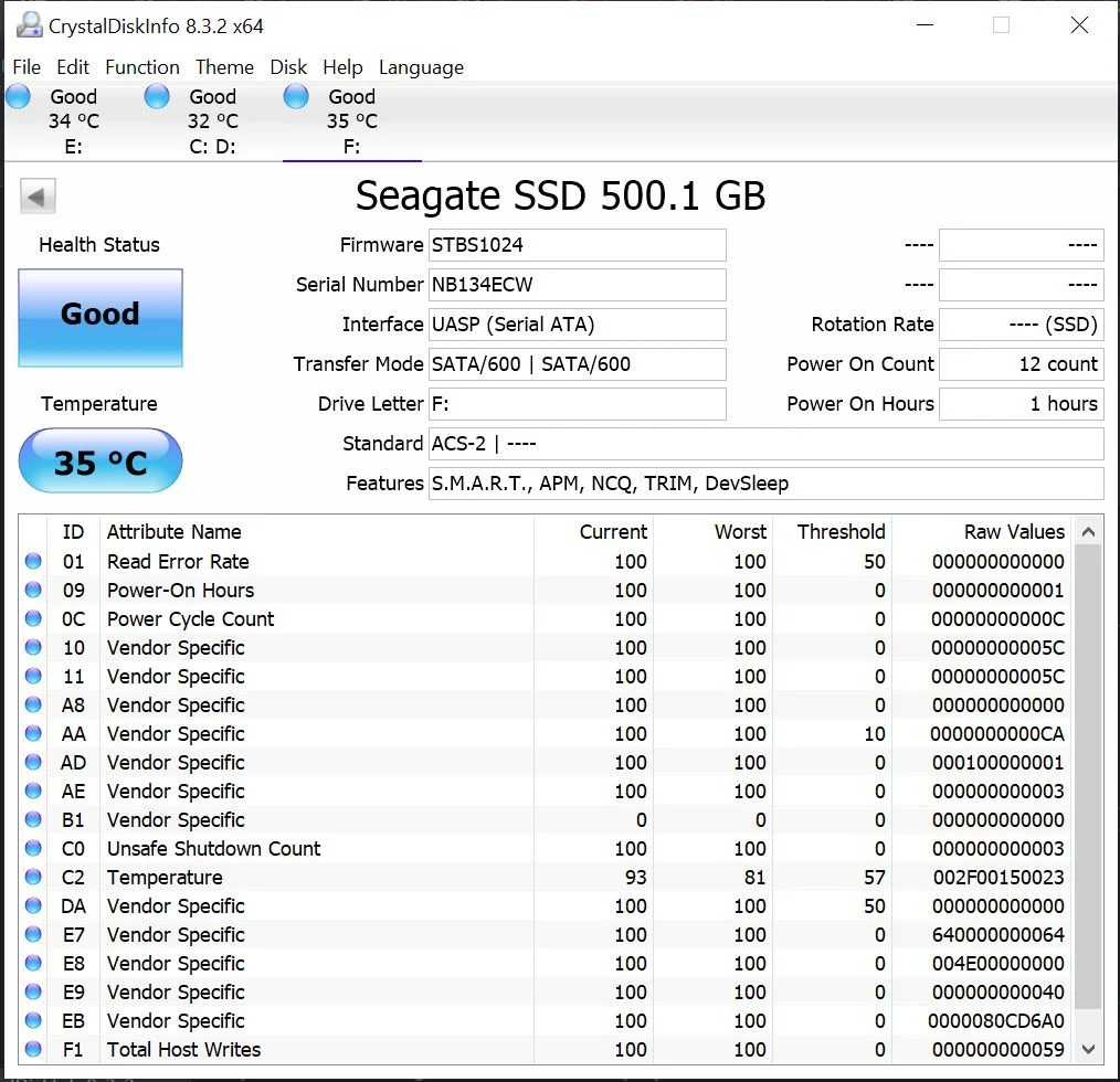 CrystalDiskInfo Seagate Fast SSD 500GB
