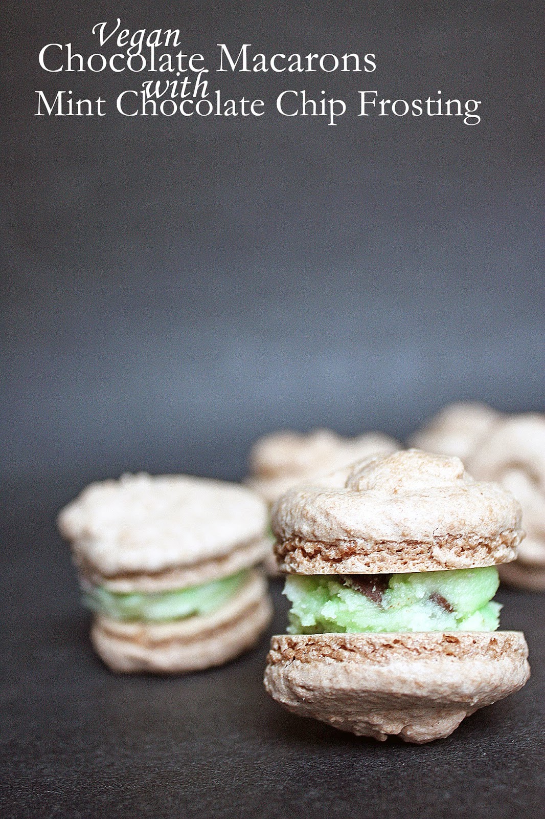 Gluten-free vegan chocolate macarons with mint chocolate chip frosting