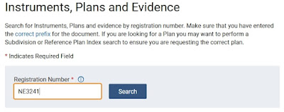 Screen capture from OnLand from the Instruments, Plans and Evidence request page with Registration Number NE3241 filled in.