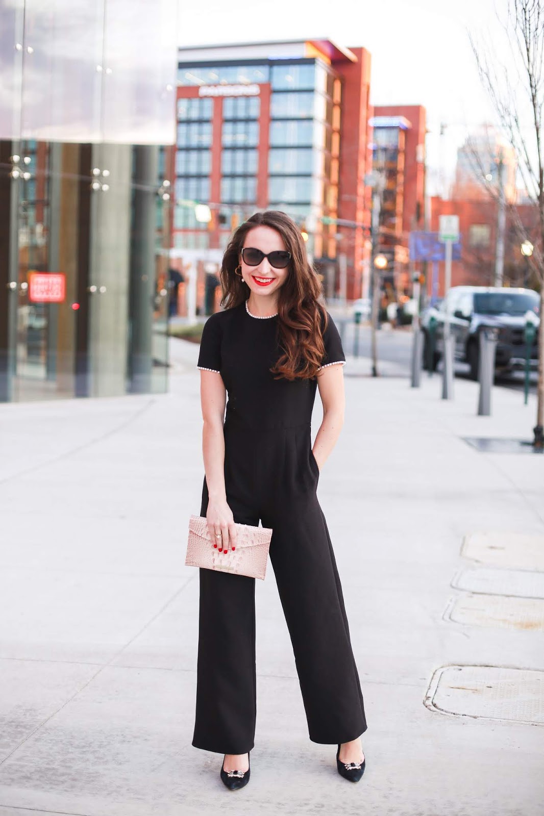 gal meets glam pearl trim jumpsuit