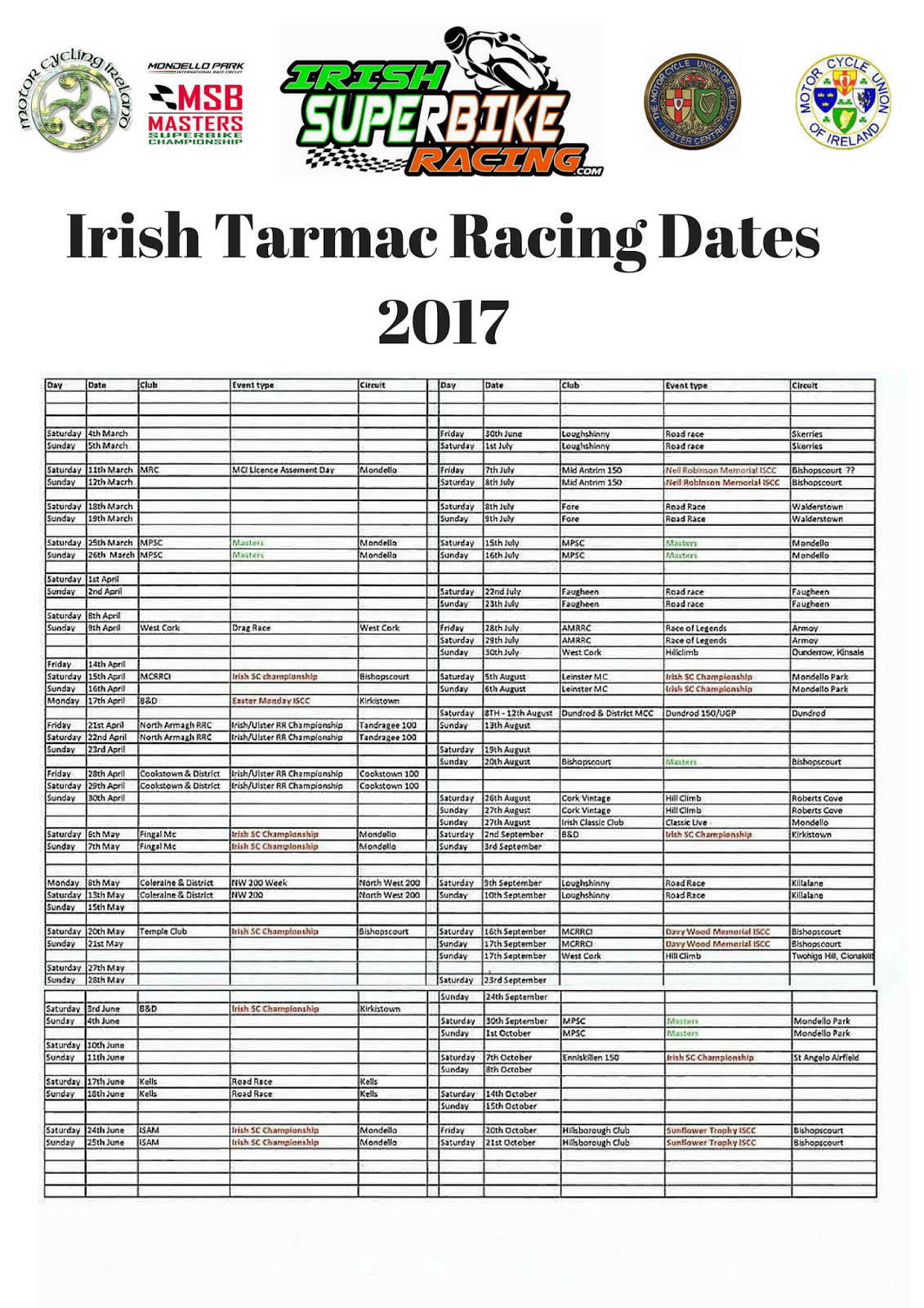 IRISH SUPERBIKE RACING Irish Tarmac Racing Dates 2017