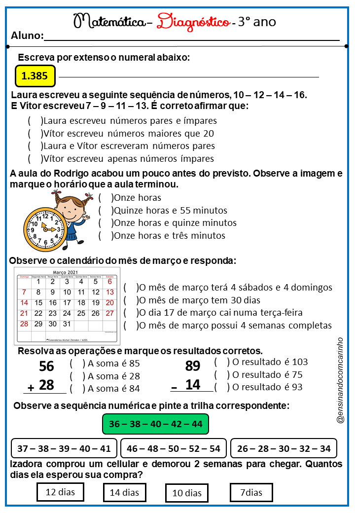 Diagnóstico de Matemática 3ano online exercise for