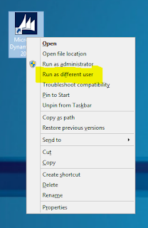 Right click + Shift on the AX icon to open explanded list of functions including Run as different user. 