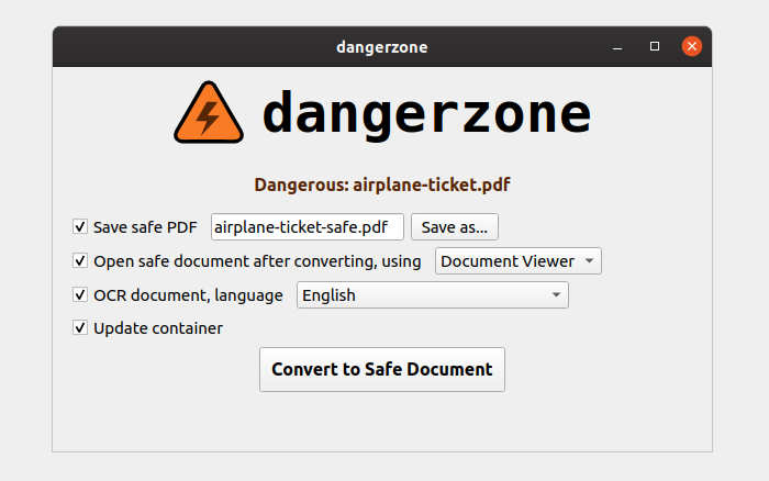 DangerZone Преобразовать в безопасный документ