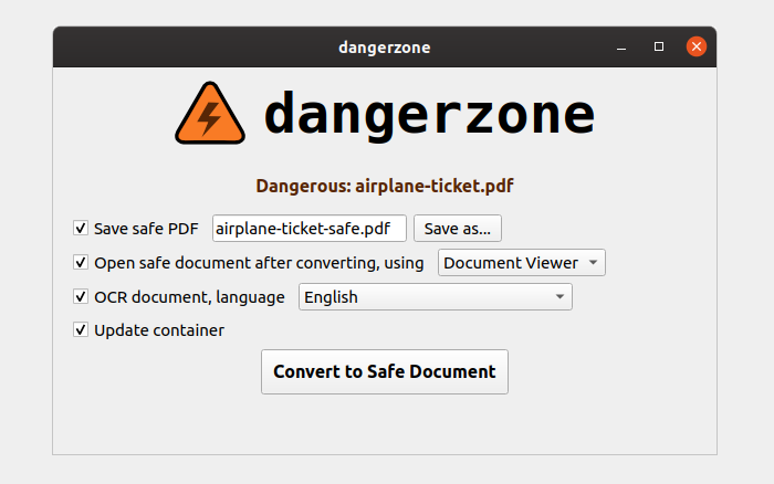 DangerZone 안전한 문서로 변환