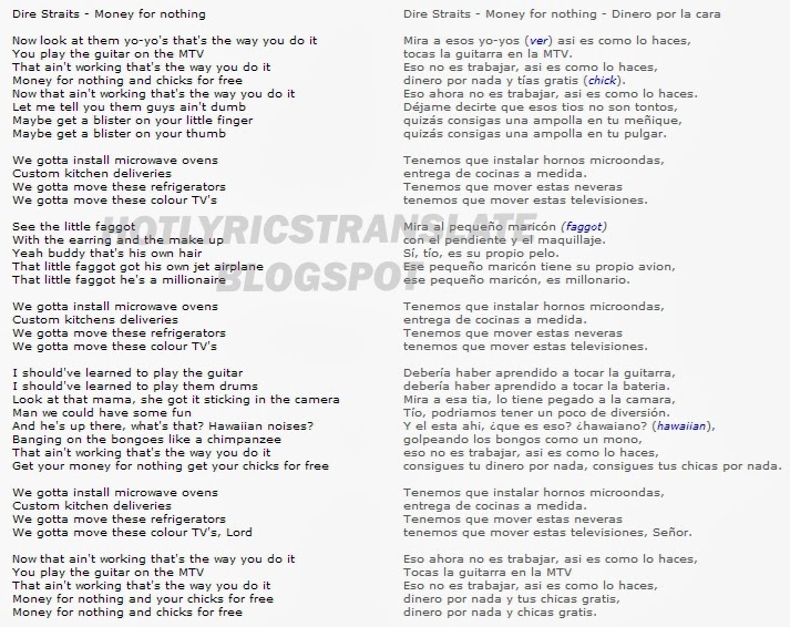 TOP LYRICS TRANSLATED CANCIONES TOP TRADUCIDAS Dire Straits Money For Nothing