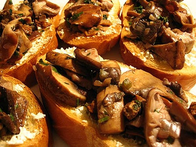 Wild Mushroom Tapas Served on Crusty Bread amongst Goat Cheese