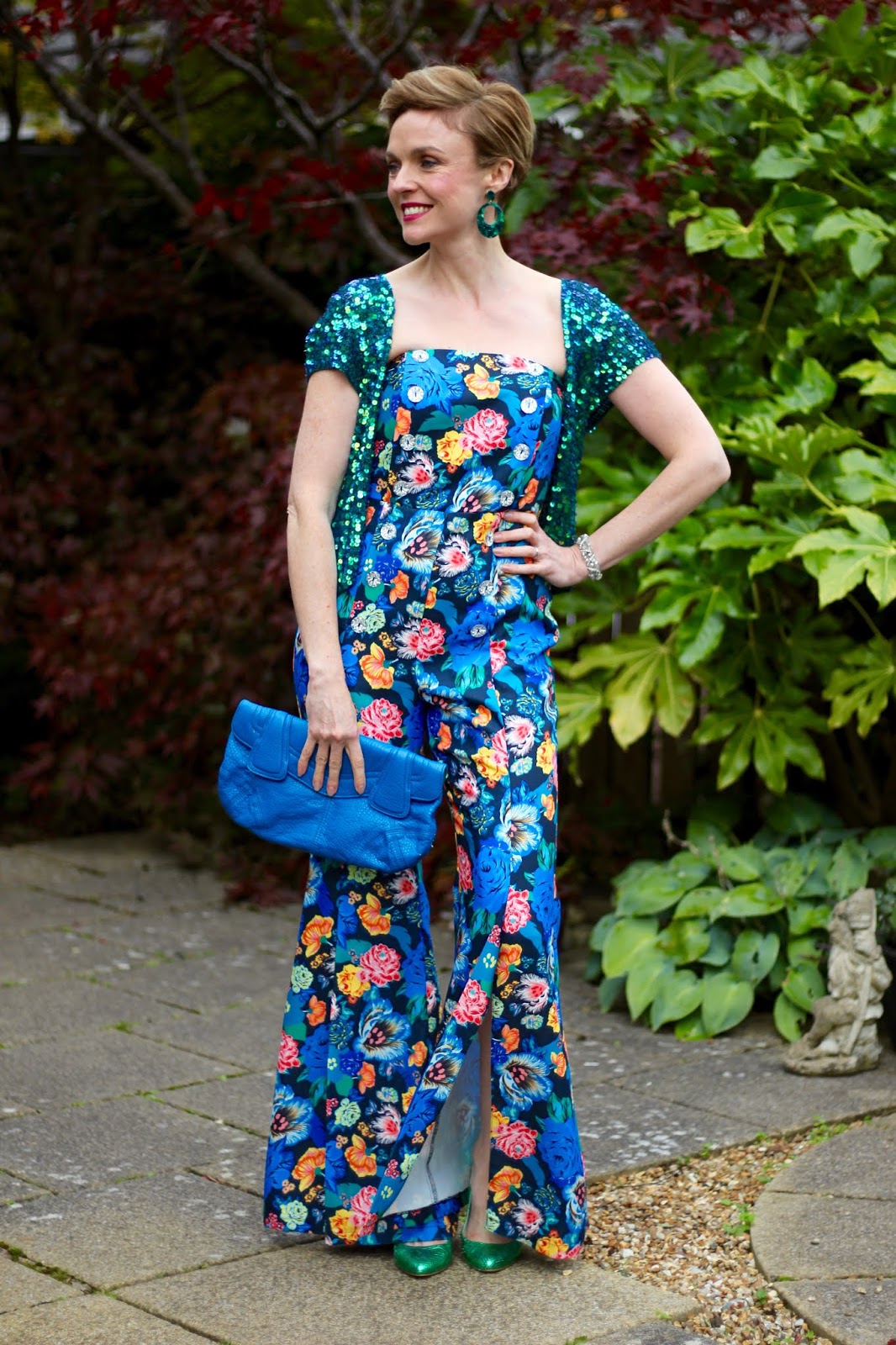 Blue Floral Topshop Jumpsuit and Green Metallic Shoes | Fake Fabulous
