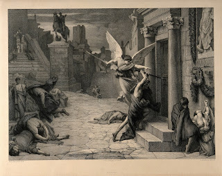 Roma vebası sırasında ölüm meleği kapıyı çalarken; Jules-Elie Delaunay tarafından çizilmiş ve Levasseur tarafından işlenmiştir.