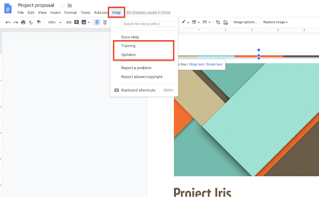 In the Help menu, users now have the option to select Training and Updates to learn more when using Docs, Sheets, and Slides.