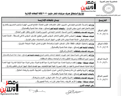 جدول مواعيد صرف مرتبات شهر مايو 2020 بعد تقديمها بمناسبة عيد الفطر المبارك