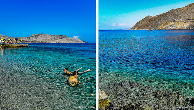 A transparência das águas azuis da Praia de Nos, na ilha grega de Sými, no Dodecaneso