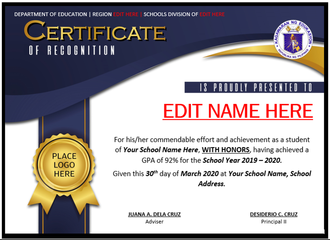 Deped Certificate Of Recognition Template Free Download Printable